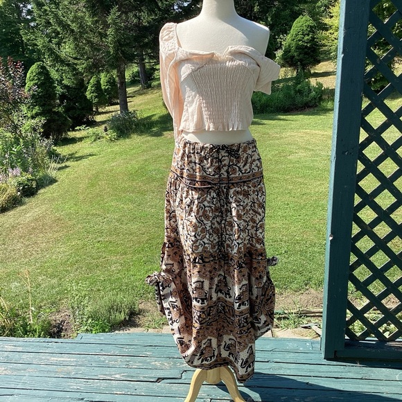 Tiered boho cottagecore upcycled bedspread elastic drawstring maxi skirt sm to L - Picture 9 of 16